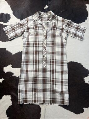 Country Miss Brown & White Plaid Midi Shirt Dress with Short Sleeves